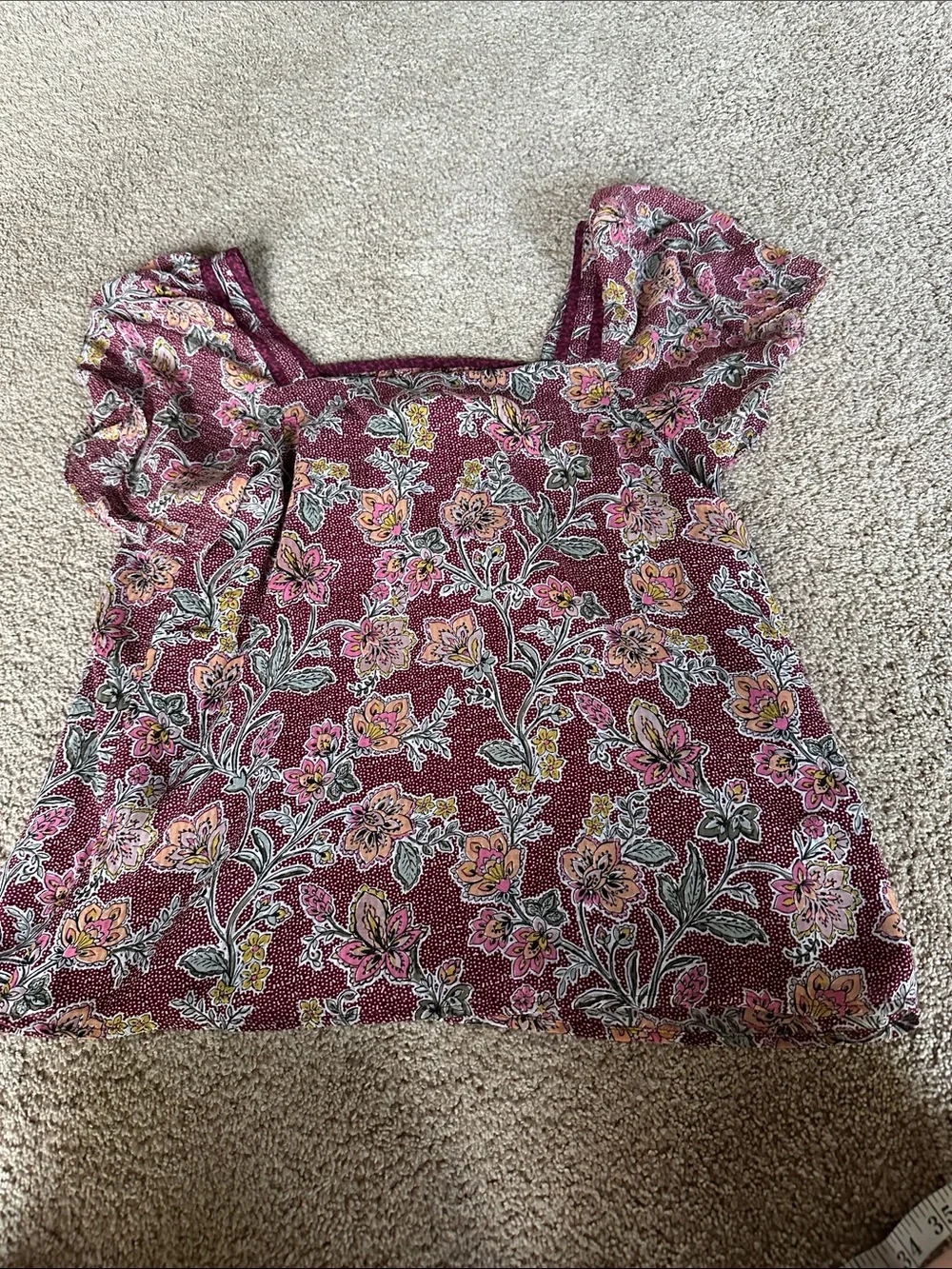 LOFT Burgundy Floral Square-Neck Puff Sleeve Blouse
